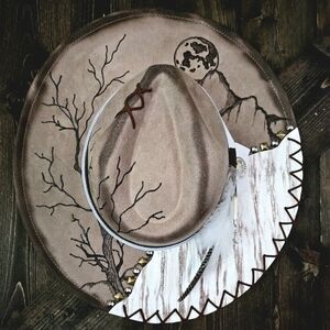 NWT Mocha Hand Burned Western Fedora Cowboy Hat With Genuine Leather